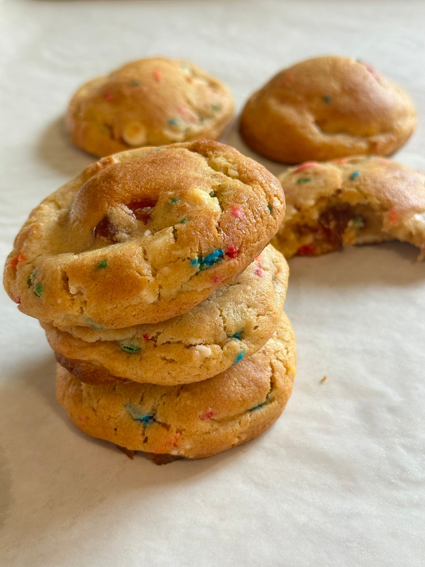 El Bizcocho Guava Birthday Cake Cookie by Uptown Dough — soft guava cookie with white chocolate chips and rainbow sprinkles, baked fresh in Brooklyn NYC